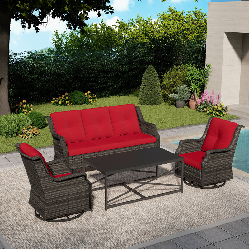 Ensemble de patio extérieur en osier pour 5 personnes avec canapé 3 places, chaises, table basse et coussin rouge, Rouge