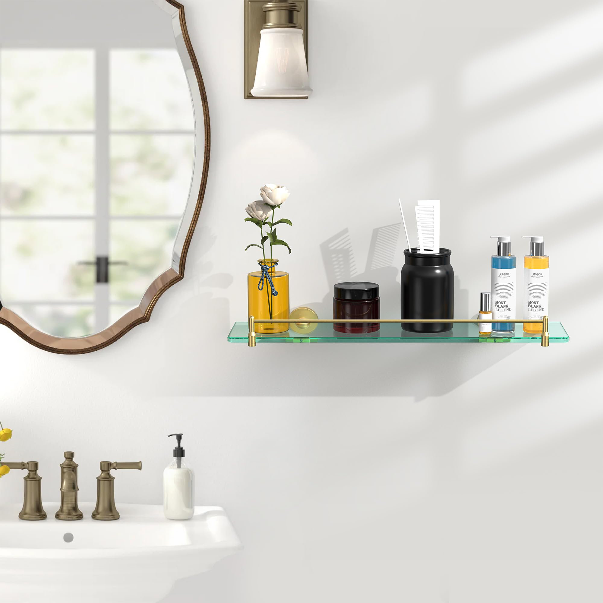 KAISHENGDAA Glass Shelf For Bathroom,20-Inch Gold Glass Bathroom Shelf ...
