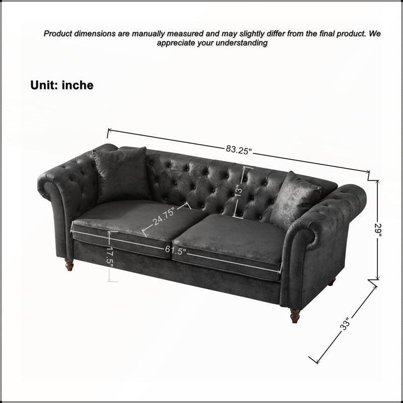 Canapé Chesterfield Tech pour salon et bureau, H 29 po x l 83,25 po x P 33 po, Noir