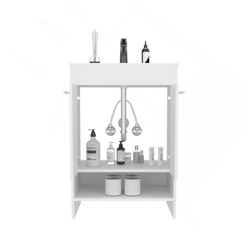 Floor Vanity With Four Drawers and Two Open Shelves, White