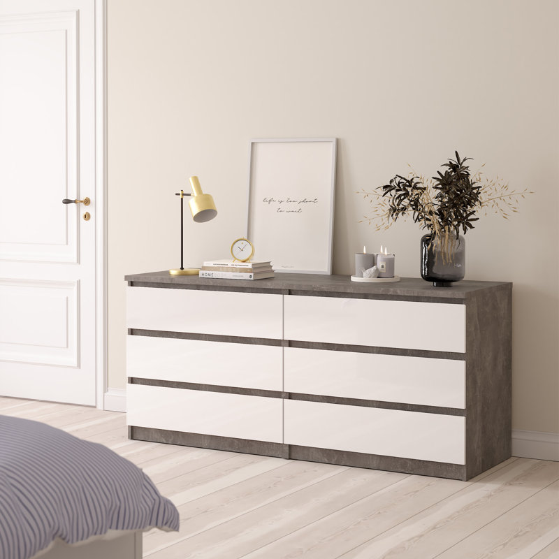 Caton 6 - Drawer Chest of Drawers, Concrete/White High Gloss
