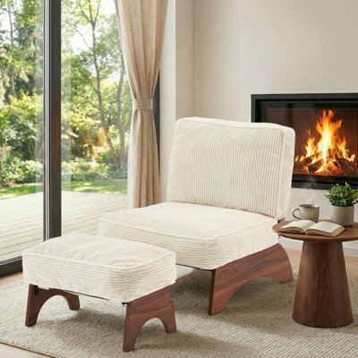 Chaise d'appoint avec repose-pieds - ensemble de chaises en velours côtelé moderne avec dossier et repose-pieds réglables, fauteuil de lecture confortable pour le salon, la chambre à coucher ou la chambre d'amis, beige