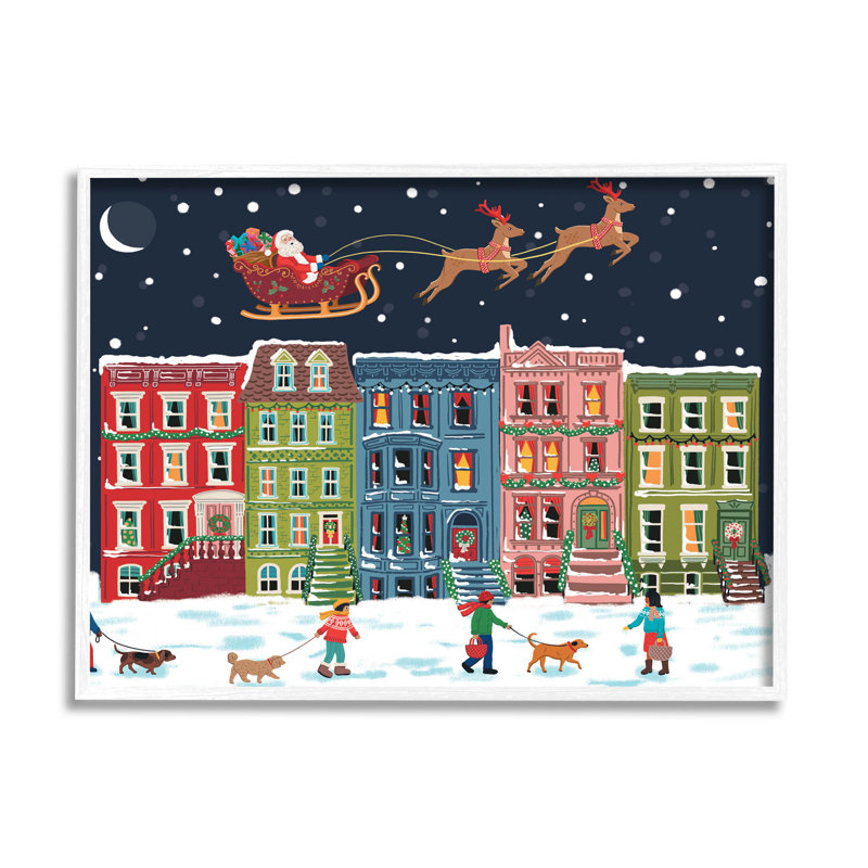 Ville de Noël enneigée : le Père Noël à  -247, H 11 po x l 14 po x P 1,5 po, Giclée encadrée blanc bord de mer