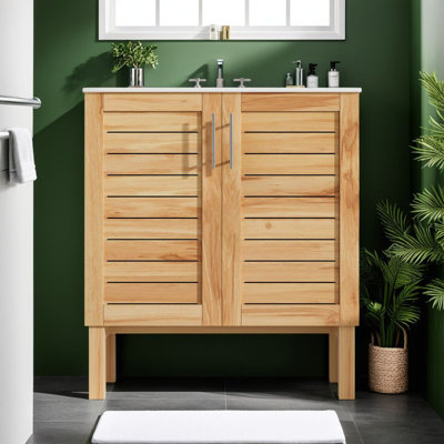 30" Mid-Century Bathroom Vanity - Ceramic Sink, Soft-Close Doors, Vintage Brown Wood?