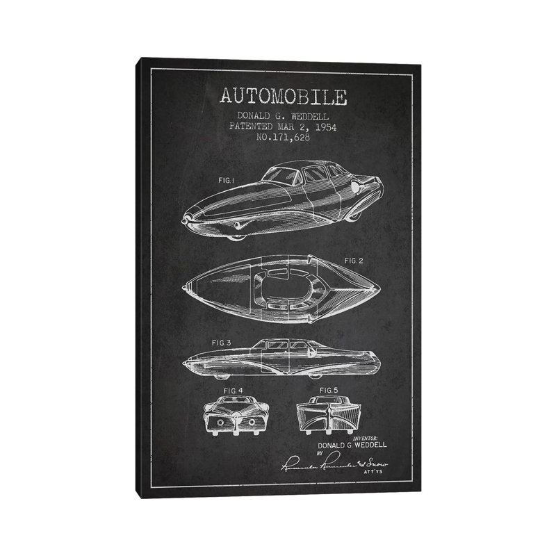 Donald G. Weddell Automobile Patent Sketch (Charcoal) 1 Piece Wrapped Canvas Wall Art, 66.04 cm H x 45.72 cm W x 3.175 cm D