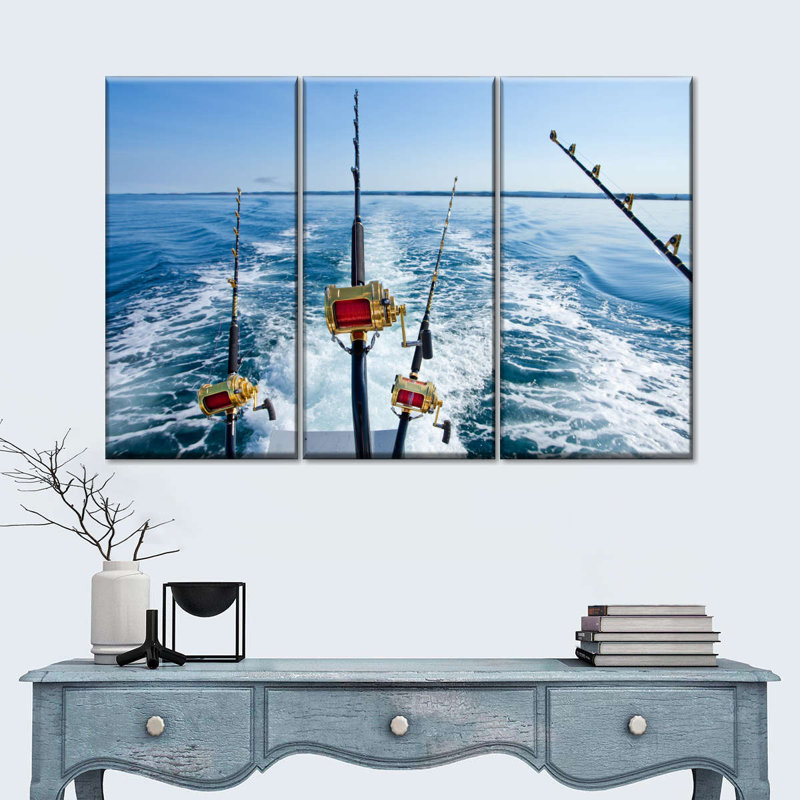 Ensemble de 3 pièces de pêche au gros sur toile, H 24 po x l 38 po x P 1,25 po