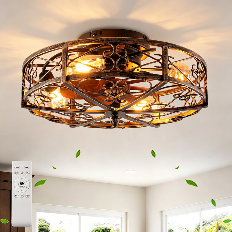  20'' Farmhouse Reversible Caged Ceiling Fan with Light Kit And Remote, Brown