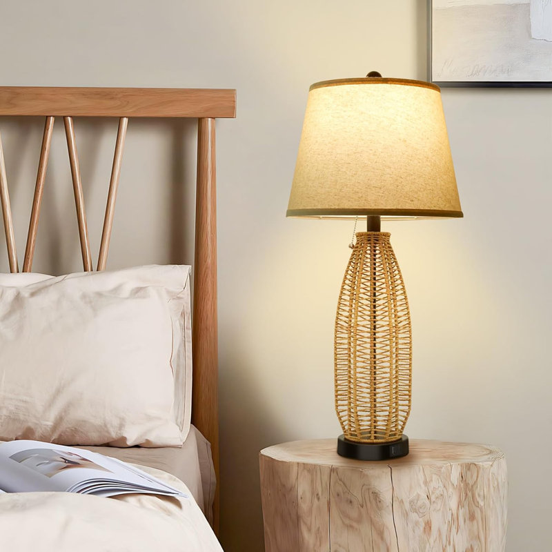 27" Boho Table Lamp: Rattan Lamp with USB A+C Charging Ports, 3-Colour Temperatures Boho Lamp with Pull Chain, Boho Bedside Lamp for Nightstand Bedroom Living Room, Bulb Included, 1-Pack