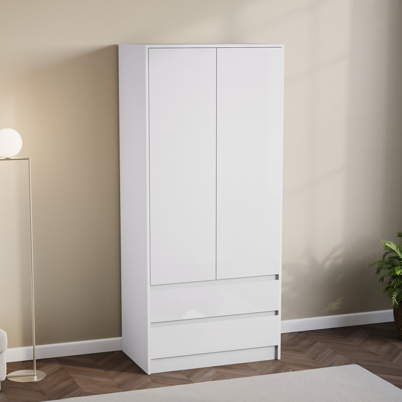 2 Door 2 Drawer High Gloss Wardrobe, (FSC 100%) Bedroom Home Clothing Storage Furniture, White