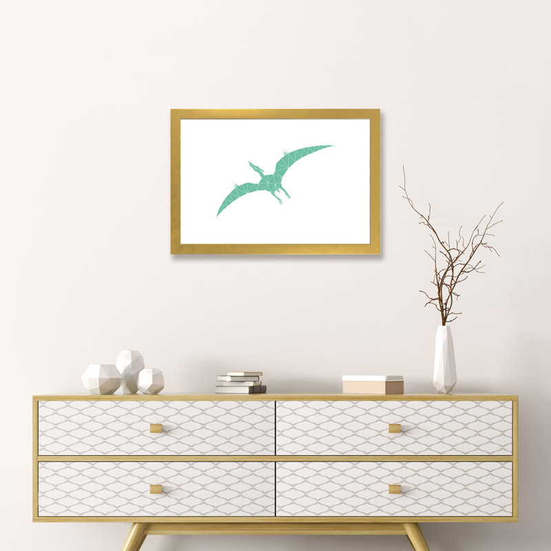 Geometric Dino Pterodactylus - impression d'art graphique, H 16 po x l 24 po x P 1 po, Papier encadré doré