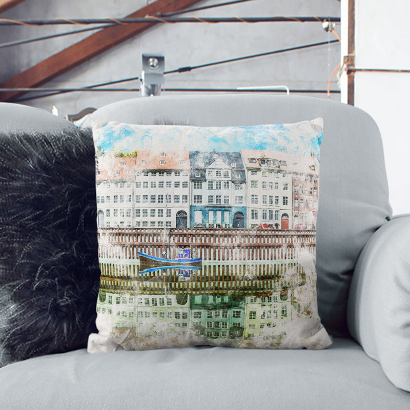 Nyhavn in Copenhagen Watercolour Cushion with Filling, 40cm H x 40cm W x 15cm D, Stone