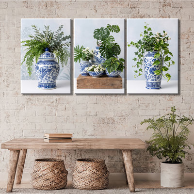 Ensemble de 3 impressions sur toile en porcelaine bleue et blanche