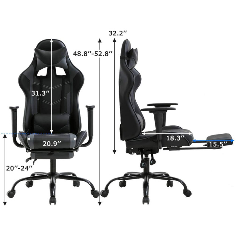 Inbox Zero Gaming Chair Adjustable Tile Computer Racing Chair Ergonomic Gaming Desk Chair with Footrest for Adults, Gray