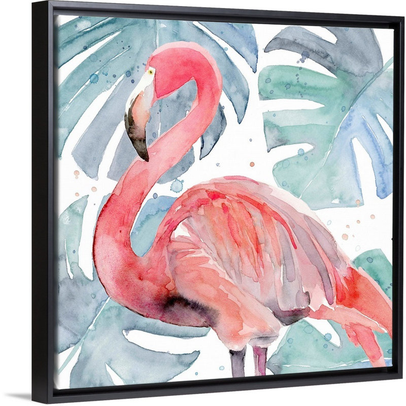«Flamingo Splash II», art mural sur toile, Toile avec cadre noir, H 38 po x l 38 po