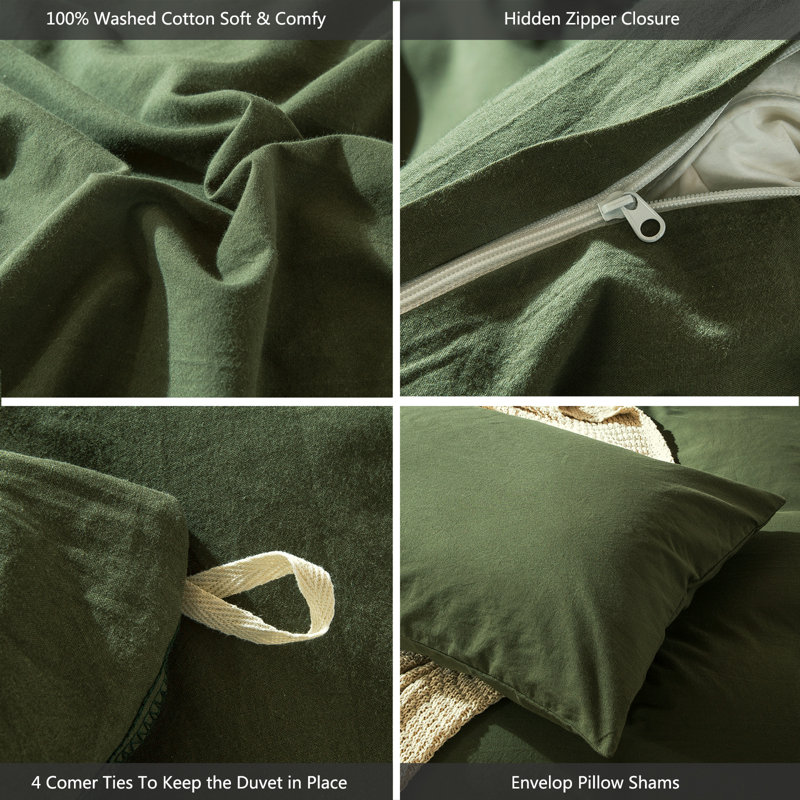 Olive Green Full Cotton Duvet Cover Set with Pillowcases