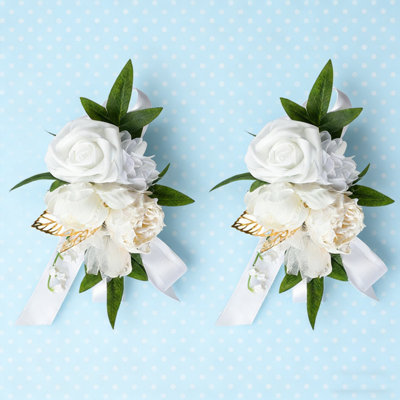 Small fresh bridesmaid corsage, artificial flowers, shoulders, chest decoration, pink green, Wedding Bridesmaid Mother Grandmother for Bridal Wedding Artificial Flower Prom Set of 2 (White)