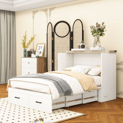 Lit escamotable en bois avec station de charge intégrée et tiroirs de rangement