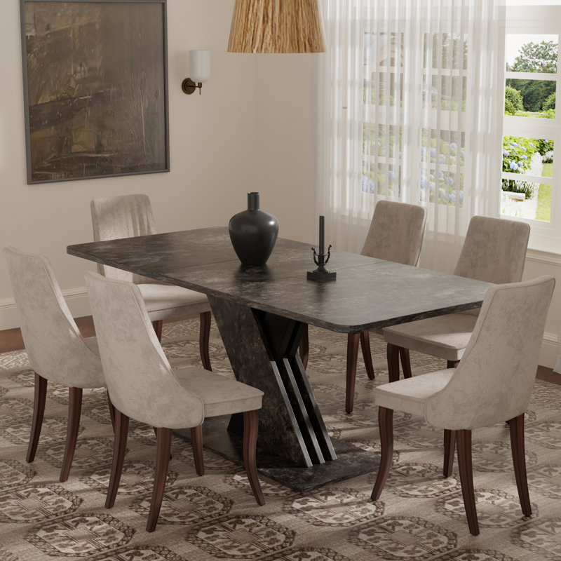 Ensemble de salle à manger rectangulaire à piédestal avec tissu en rayonne, 7, Gris, Brun