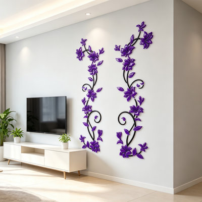 2-Piece Acrylic 3D Crystal Rose Vine Wall Sticker, Decorative Wall Art for Living Room Bedroom Sofa Background, Black Branch with Deep Purple Rose Flower