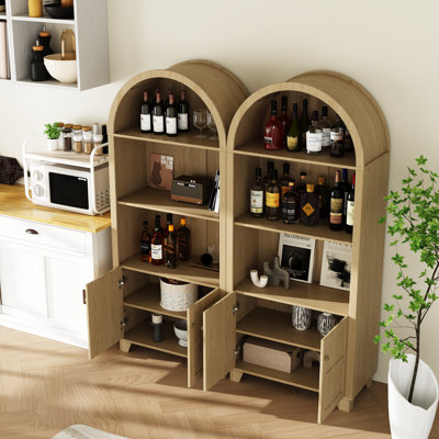 70.9" Tall Arched Display Storage Bookcase With Open Shelves And Cabinet (Set Of 2)