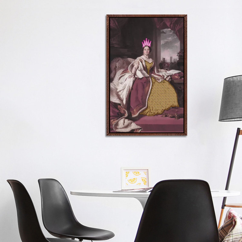 Queen Victoria With Neon Crown - Print on Canvas, 101.6cm H x 66.04cm W x 3.81cm D, Classic Brown Wood Framed