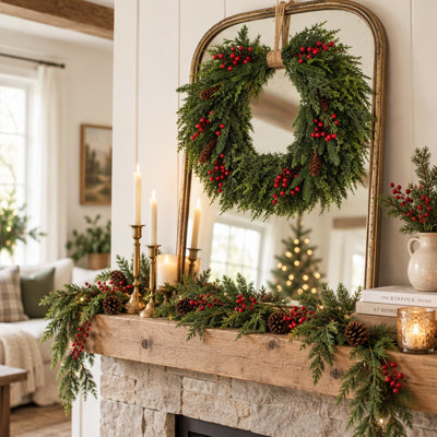 Couronne de Noël artificielle de 55 cm avec baies et pommes de pin, couronne de porte de Faux Evergreen, décor de porte d'entrée rustique pour intérieur et extérieur saisonnier
