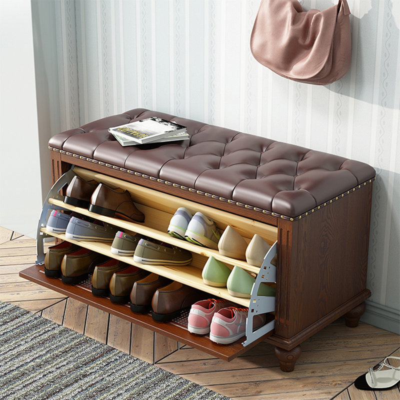 Banc rembourré en bois massif noyer, H 19,69 po x l 34,65 po x P 14,96 po