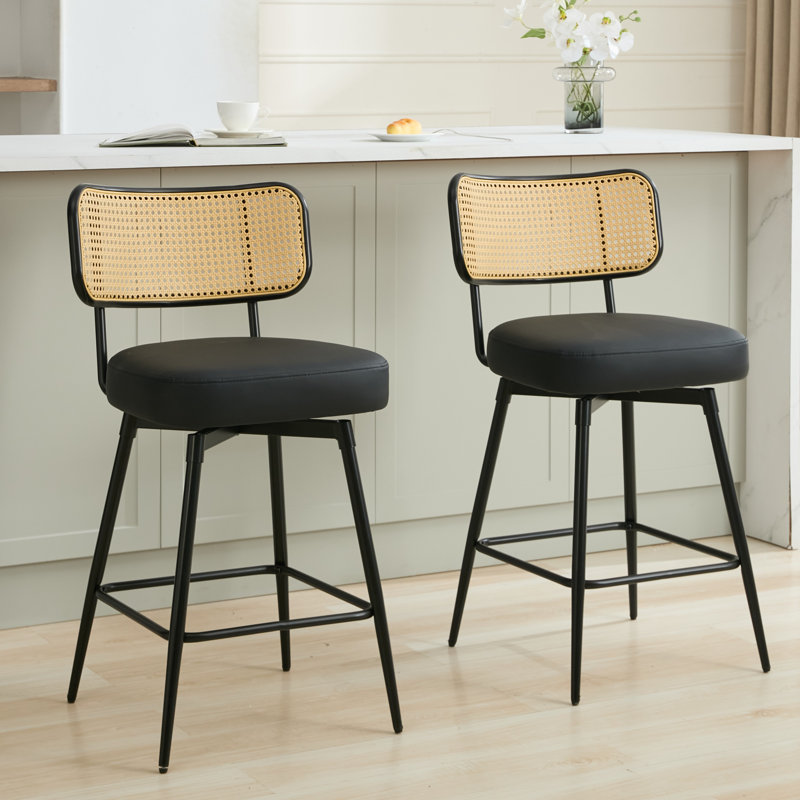 Swivel Upholstered Counter Stools With Rattan Back, Black, 2