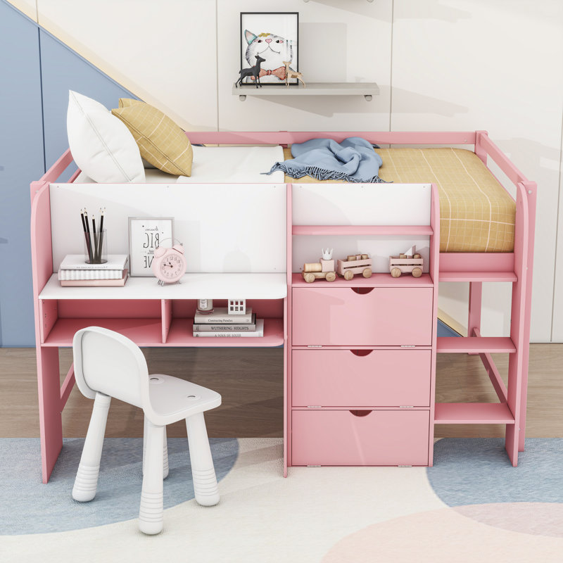 Lit mezzanine double pleine grandeur avec bureau intégré, tablettes et armoires de rangement, Rose
