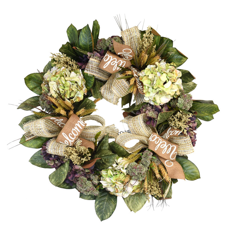 Couronne d'Alma à hortensia et bruyère avec toile de jute et ruban de bienvenue