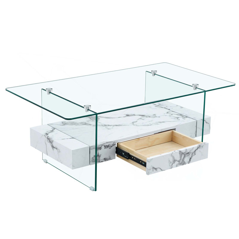 Table basse moderne 43,3 pouces à deux niveaux - verre trempé transparent, design de rangement multifonctionnel. L'étage inférieur comprend un tiroir