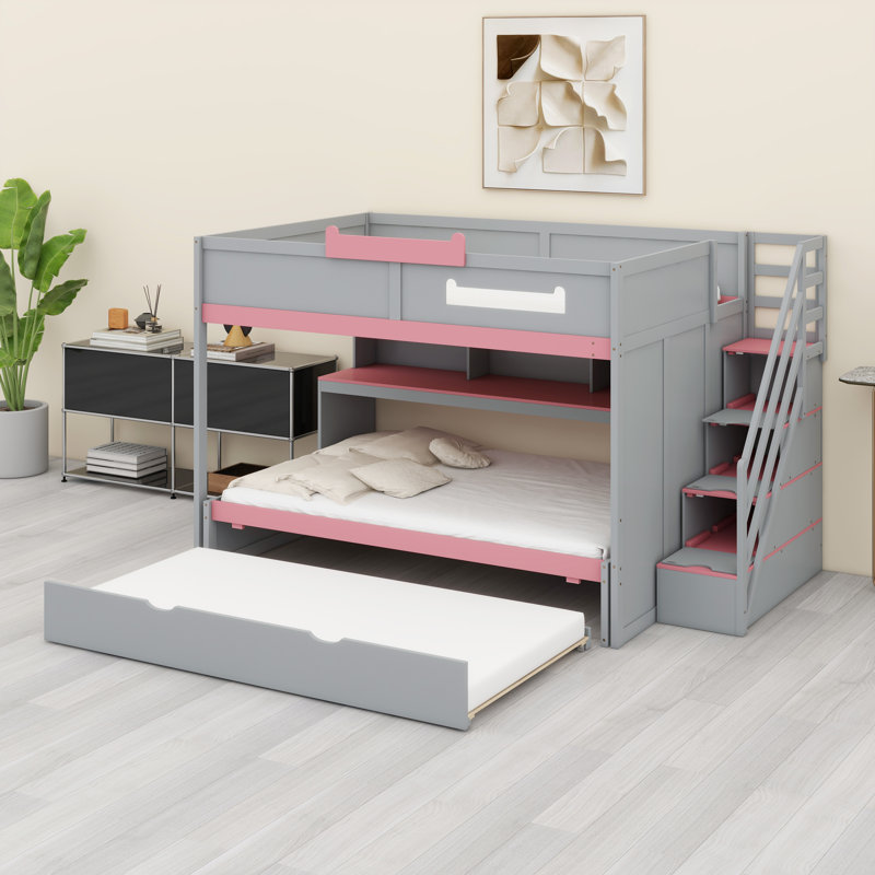 Lit superposé avec lit gigogne escamotable, accès pour escalier, tablettes intégrées et éclairage à DEL, Gris / Rose
