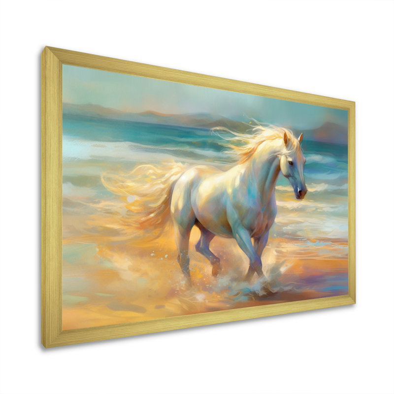 Cheval sur la plage I - art mural cheval, Cadre doré à une seule photo, H 12 po x l 20 po x P 1 po