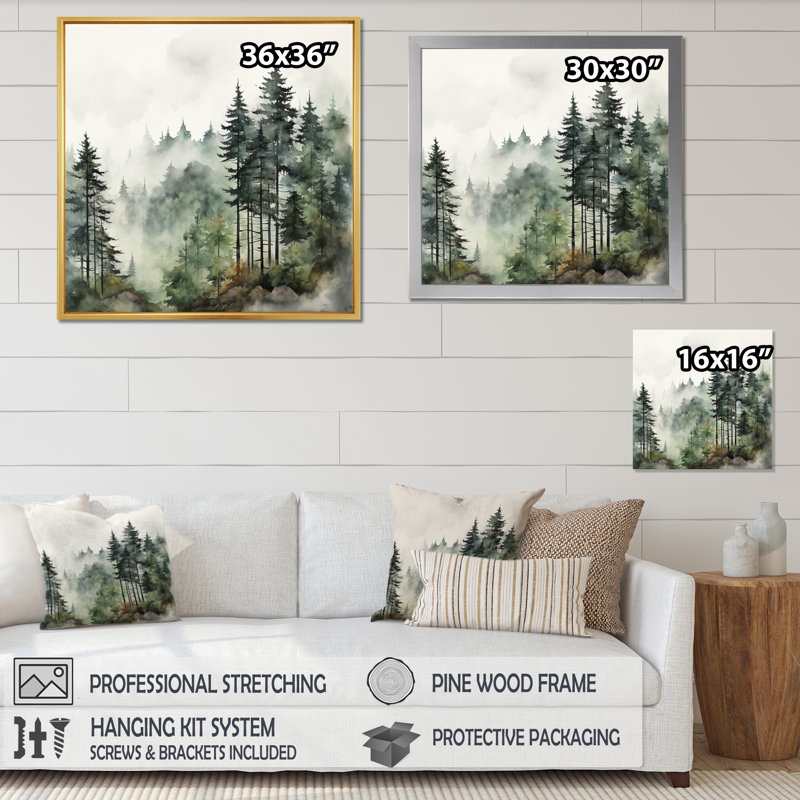 «Forest Pine Tree Misty Morning I», reproduction d'art sur toile, forêt pin, H 30 po x l 30 po, Argent argent, Picture Framed