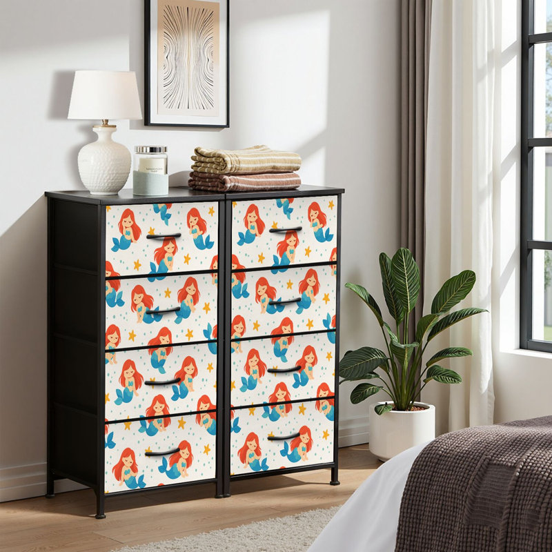 Commode 4 tiroirs pour chambre à coucher, commode étroite, plateau en bois et structure en fer 18 "x 37,5" - (lxH) - avec une jolie sirène