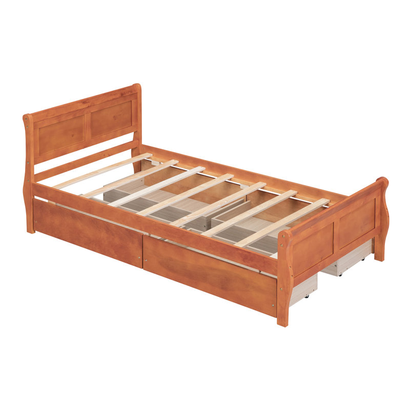 Lit plateforme en bois avec 4 tiroirs et tête et pied de lit profilés, Lit simple, Blanc