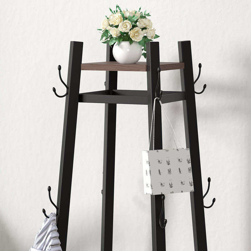 Metal Coat Rack with 8 Hooks, Storage Shelves & Basket for Entryway or Hallway, Dark Brown