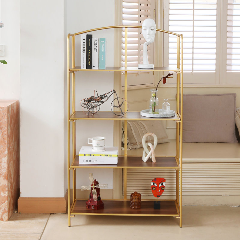 Lejon No Assembly Folding Etagere Bookcase, (4 Shelves) 53.2" H x 30.9" W x 12.6" D, Gold