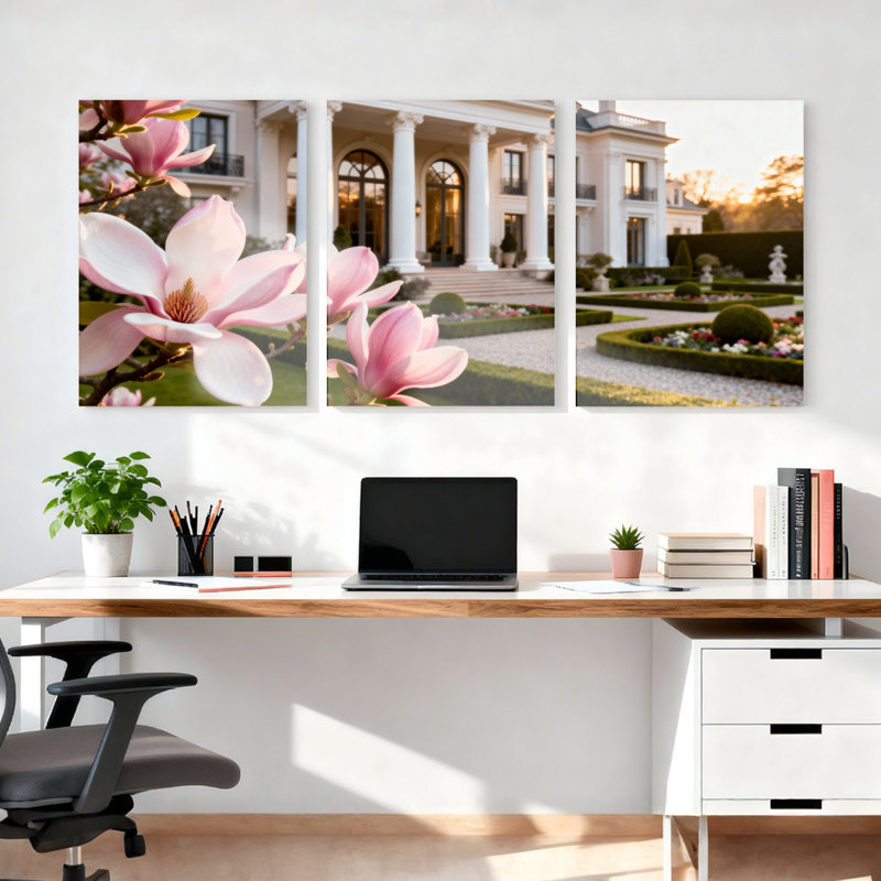 Ensemble de 3 tableaux sur toile tendue représentant des fleurs de magnolia et une demeure classique, H 36 po x l 72 po
