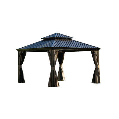 12'X12' Gazebo For Backyard With Galvanized Steel Top And Stable Aluminum Frame - Brown Roof All-Weather Material