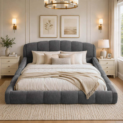 Elegant Upholstered Platform Bed,Thick Curved Headboard
