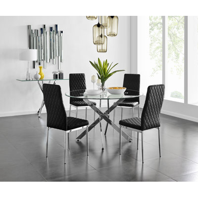 Bernell Modern Chrome Metal & Glass Round Dining Table Set with 4 Quilted Velvet Chairs