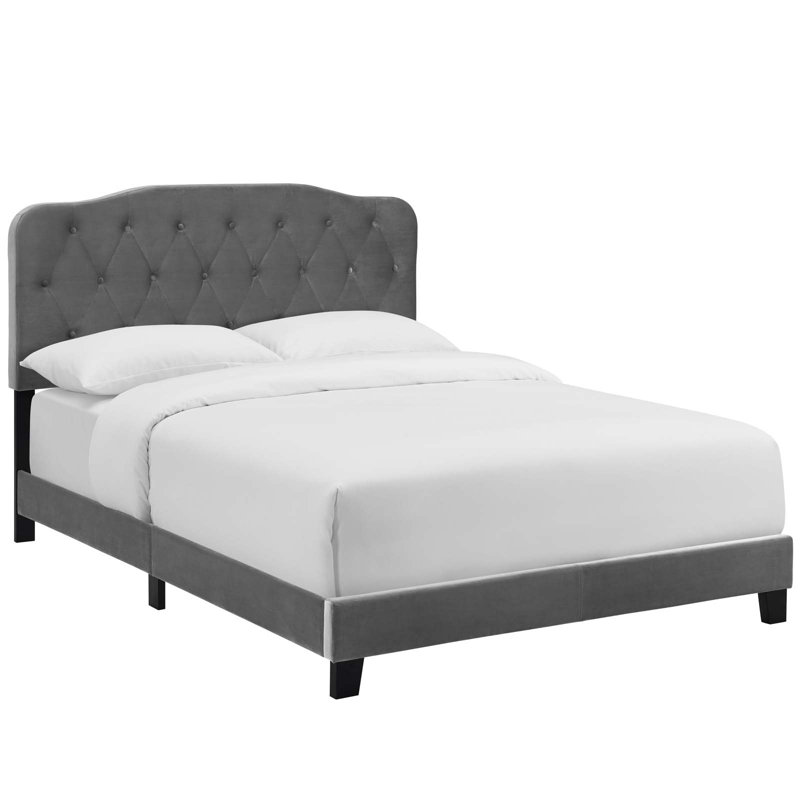 Gray Velvet Upholstered Queen Bed with Tufted Headboard