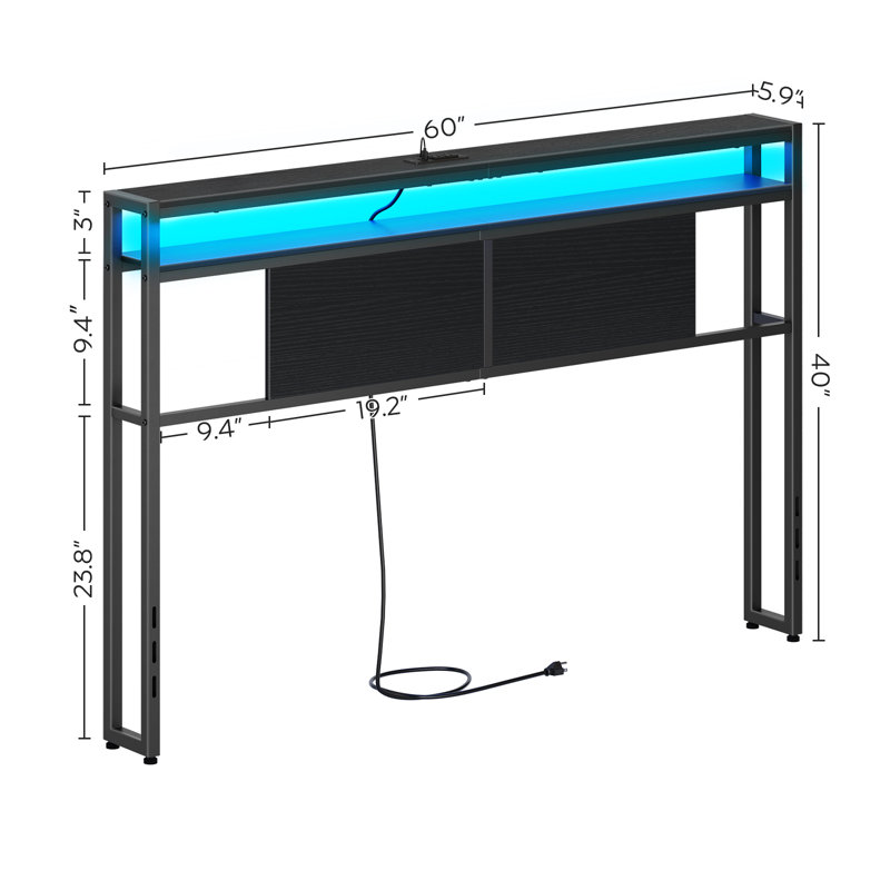 Tête de lit avec lumière DEL et station de charge Lutske l 60 po x H 40 po, réglable en hauteur, Grand lit