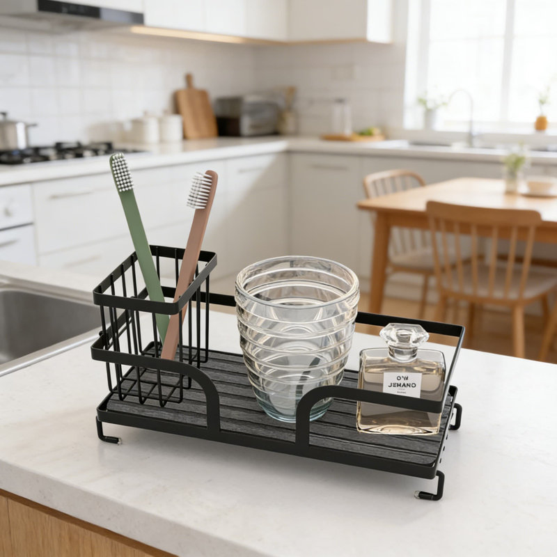 Organisateur de chariot d'évier avec plateau de séchage de pierre, support d'éponge pour évier de cuisine, savon et fournitures de nettoyage, solution de rangement de comptoir compacte