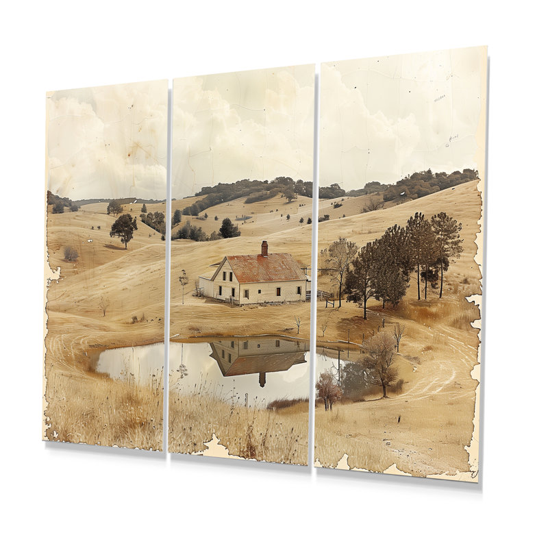 Ensemble de salon d'art mural brun, paysage de ferme américain I, Métal métal, H 32 po x l 48 po x P 1 po