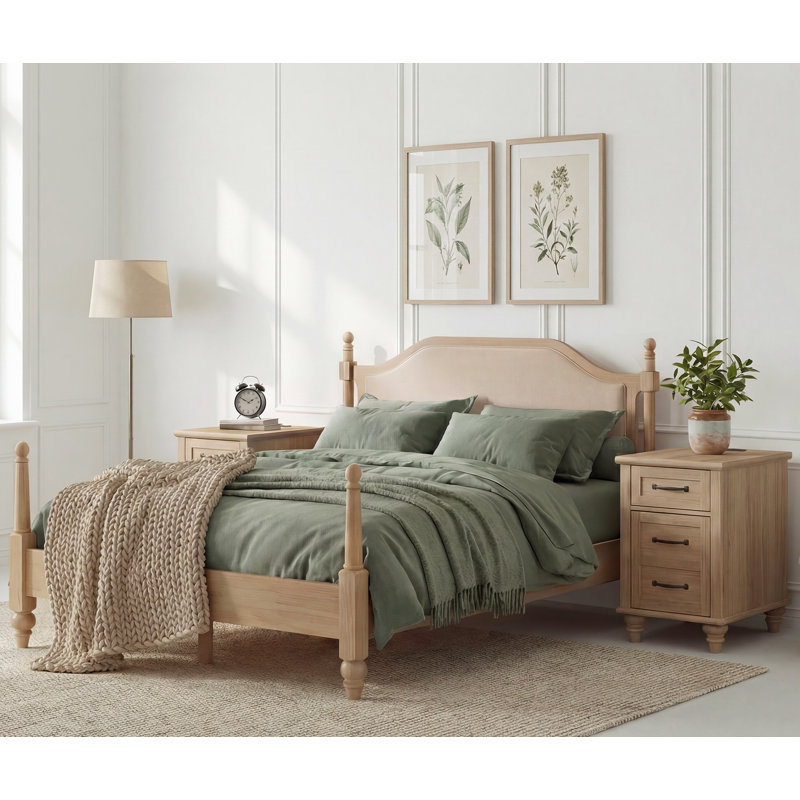 Ensemble de chambre à coucher 3 pièces, base de lit plateforme avec tête de lit Scarlett et ensemble de 2 tables de chevet avec station de charge, chêne