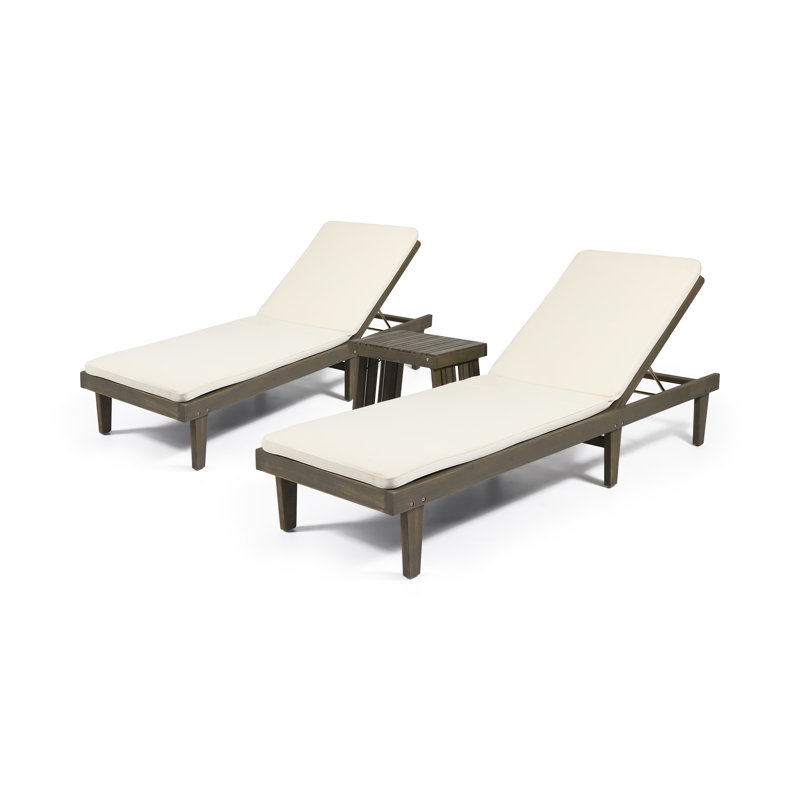 Morell Outdoor Acacia Wood Chaise Lounge Set with Table , Cushion Included, Cream, Gray
