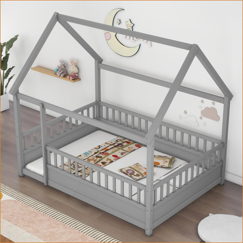 Full Size Solid Pine Wood Floor Bed with House Roof Frame &amp; High Guardrails, Gray, Gray