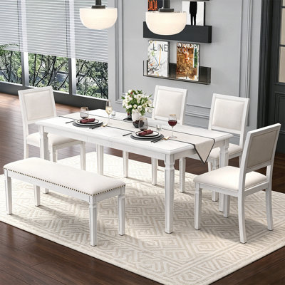 Table de salle à manger extensible Vintage pour 6 avec 4 chaises et banc, table de cuisine rustique de 59 à 72 pouces